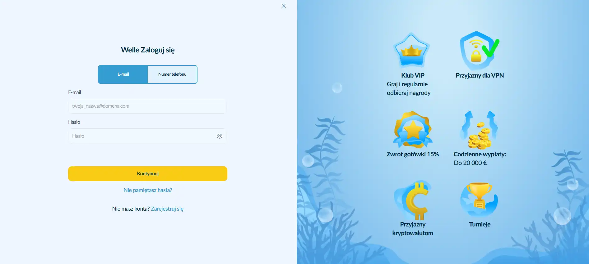 Rzeczywisty publiczny ekran rejestracji Welle bez danych użytkownika