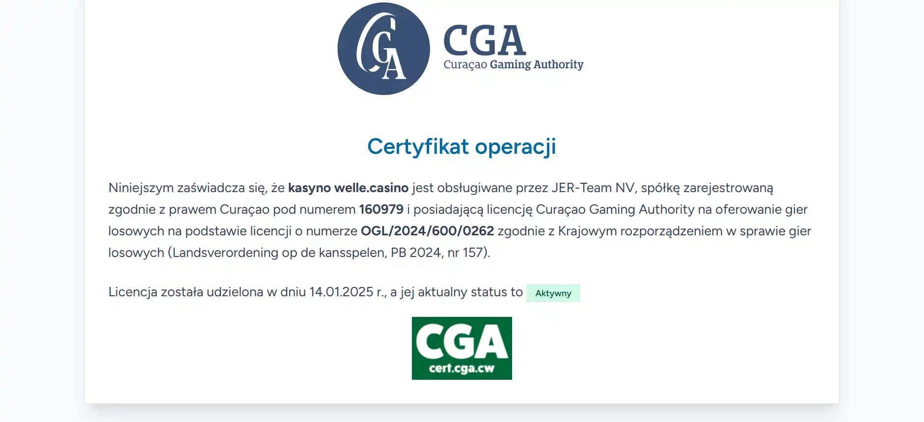 Oficjalny certyfikat Curaçao Gaming Authority dla domeny welle.casino