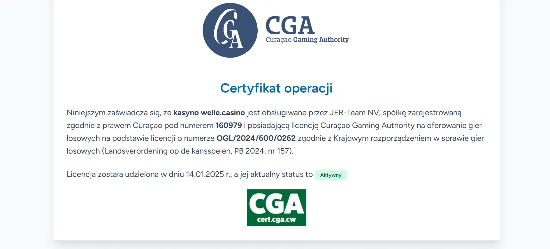 Certyfikat Curaçao Gaming Authority dla domeny welle.casino